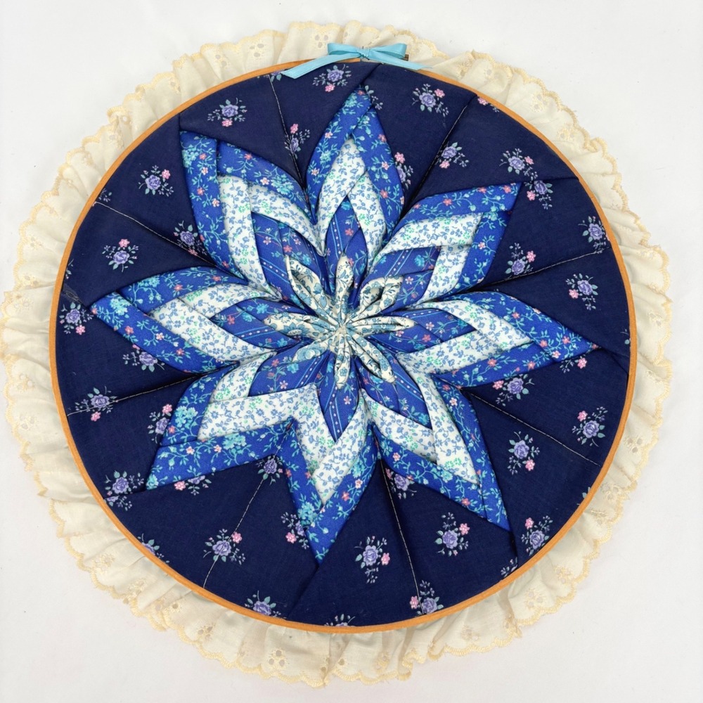 Handmade Folded Star Fabric Wall Hanging Navy Blue Floral Eyelet Lace 11 Inch